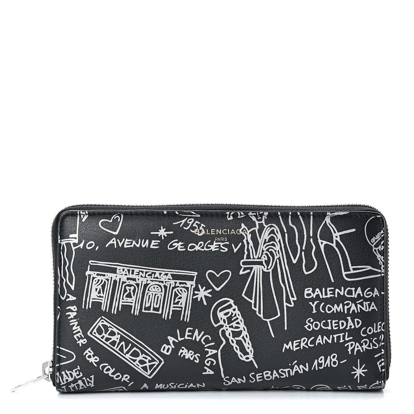 Calfskin Printed Tattoo Everyday Continental Zip Around Wallet Black Silver Hardware