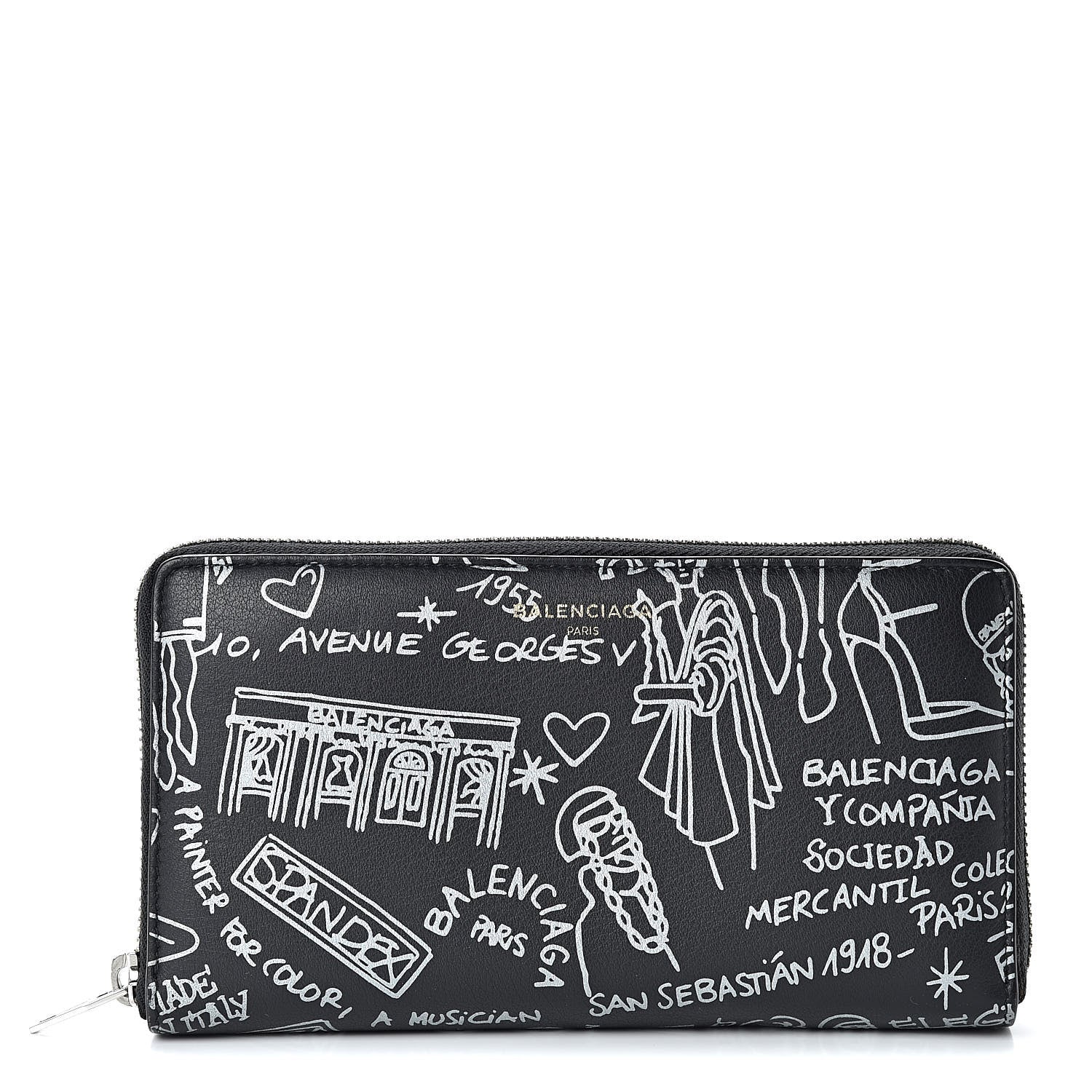 Balenciaga Calfskin Printed Tattoo Everyday Continental Zip Around Wallet Black Silver Hardware 1 of 8