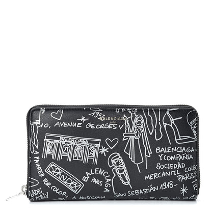 Balenciaga Calfskin Printed Tattoo Everyday Continental Zip Around Wallet Black Silver Hardware 1 of 8