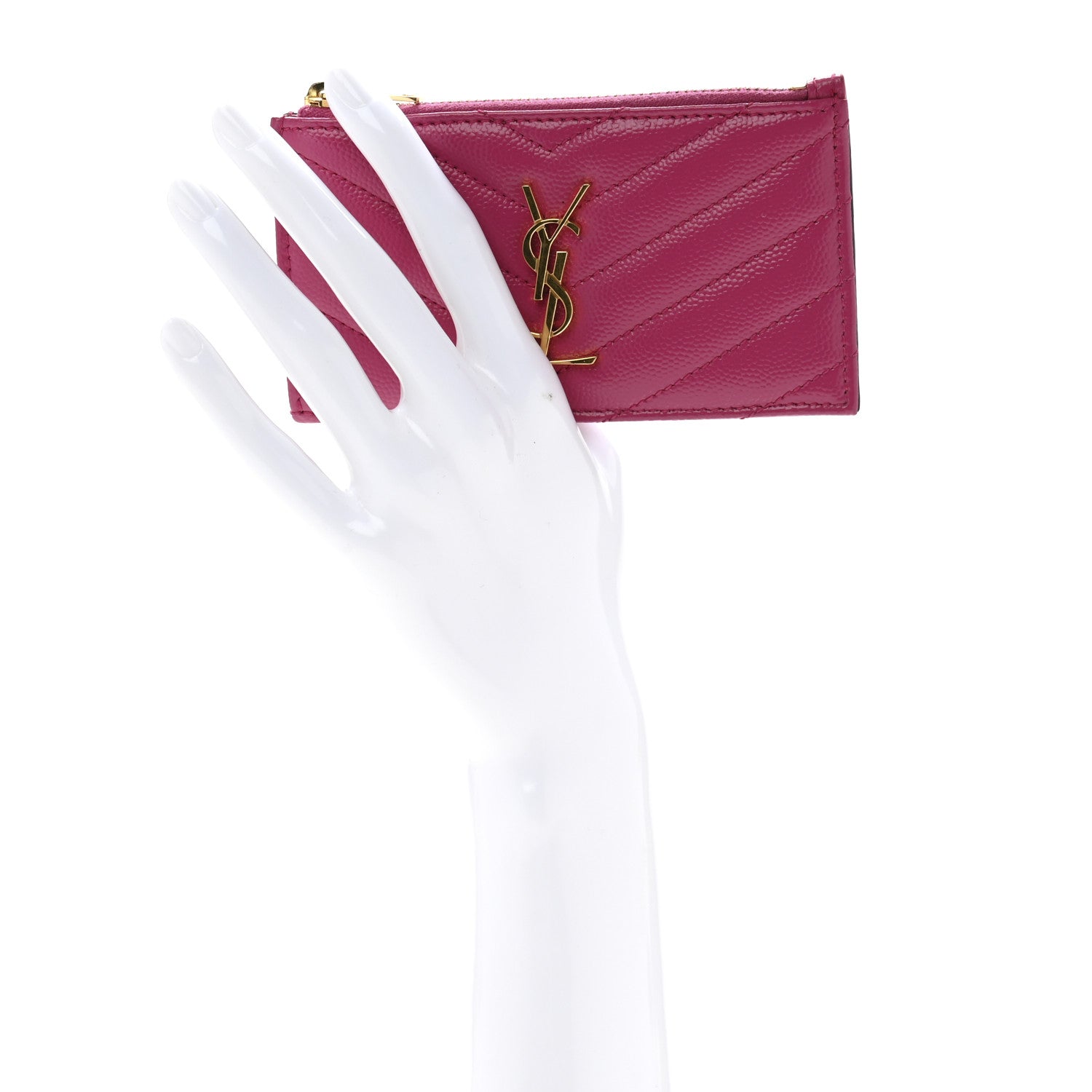 Saint Laurent Grain De Poudre Matelasse Chevron Monogram Fragments Zippered Card Case Fresh Fuxia 2 of 10