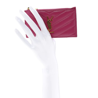 Saint Laurent Grain De Poudre Matelasse Chevron Monogram Fragments Zippered Card Case Fresh Fuxia 2 of 10