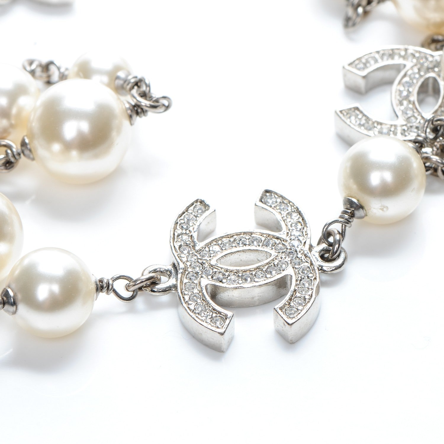 Chanel Crystal Pearl CC Long Necklace Silver 6 of 6