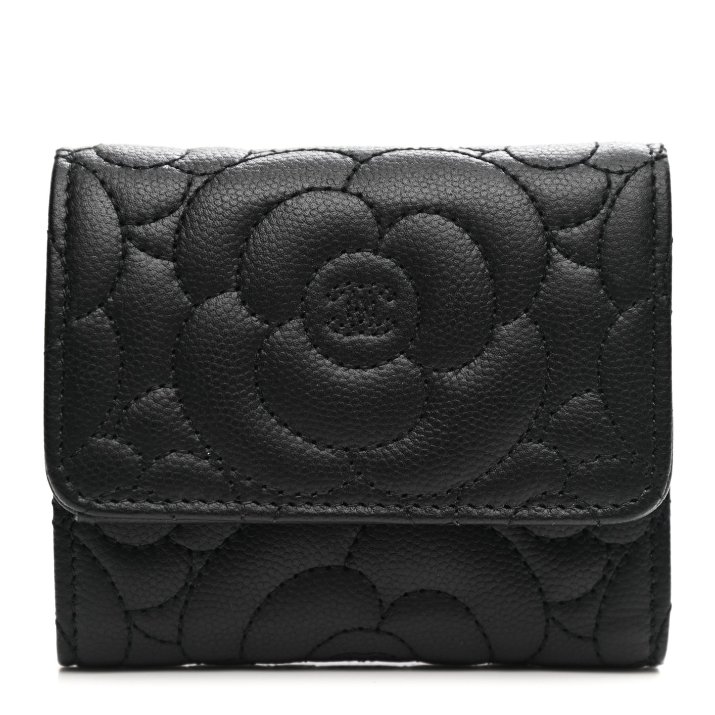 Caviar Camellia Embossed Compact Wallet Black