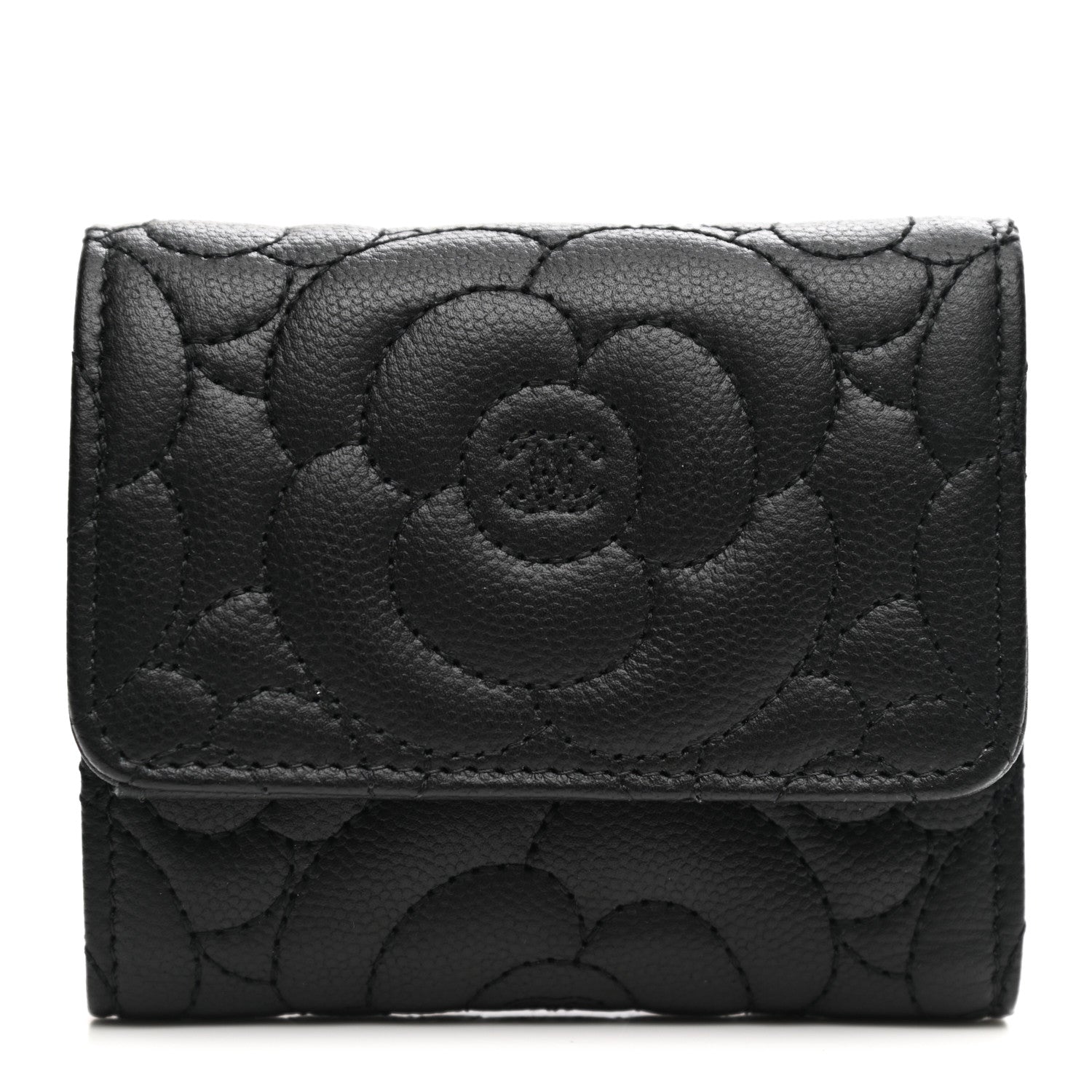Chanel Caviar Camellia Embossed Compact Wallet Black 1 of 8