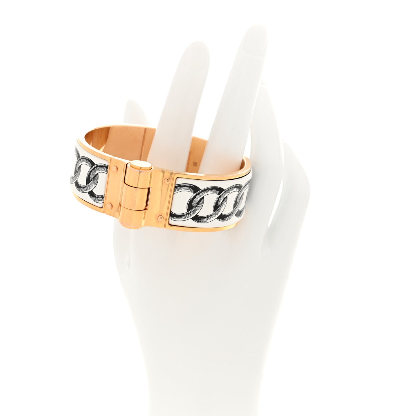 Enamel Printed Wide Les Chaines Hinged Bracelet L White Black