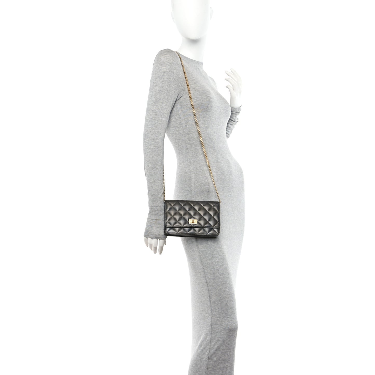 Metallic Calfskin Quilted 2.55 Reissue Wallet On Chain WOC Grey