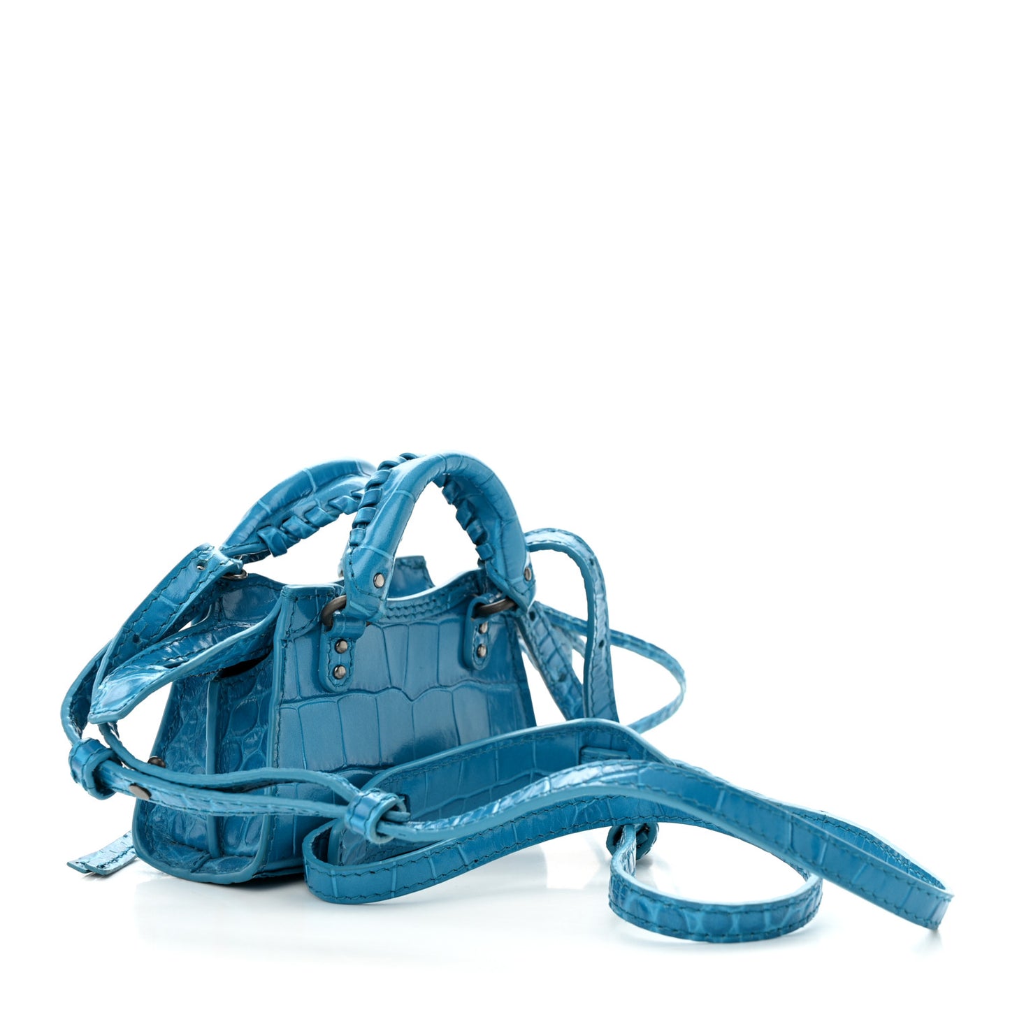 Extra Supple Calfskin Crocodile Embossed Neo Classic Silver Hardware Super Nano City Crossbody Cyan
