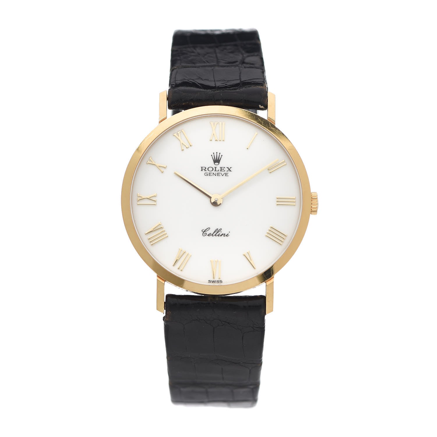 Rolex 18K Yellow Gold Alligator 32mm Cellini Manual Winding Watch White 4112 1 of 5