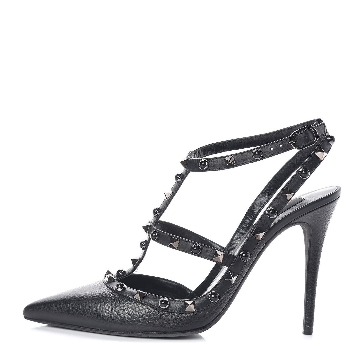 Pebbled Calfskin Onyx Rockstud Rolling Ankle Strap 100mm Pumps 41 Black