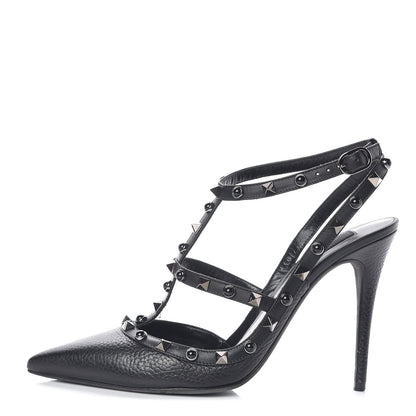 Valentino Garavani Pebbled Calfskin Onyx Rockstud Rolling Ankle Strap 100mm Pumps 41 Black 1 of 11