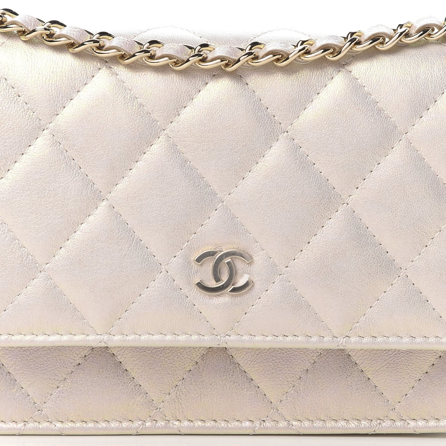 Iridescent Lambskin Quilted Mini Wallet On Chain WOC Ivory