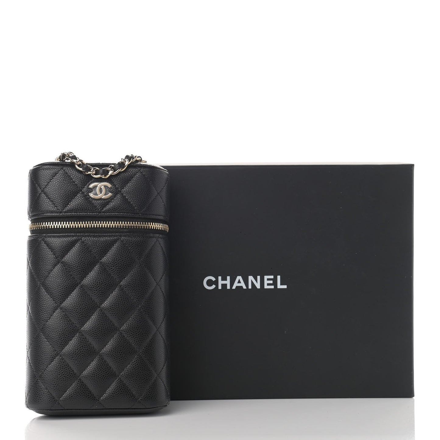 Caviar Quilted Phone Holder With Chain Black
