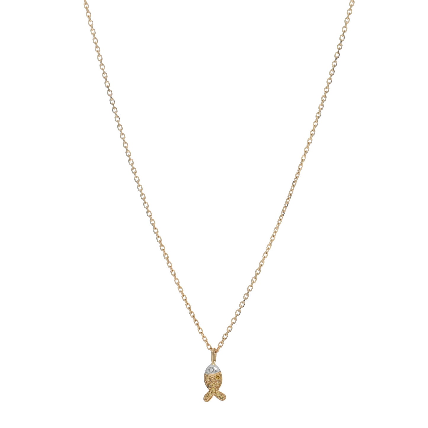 18K Yellow White Gold Yellow Diamond Happy Fish Pendant Necklace