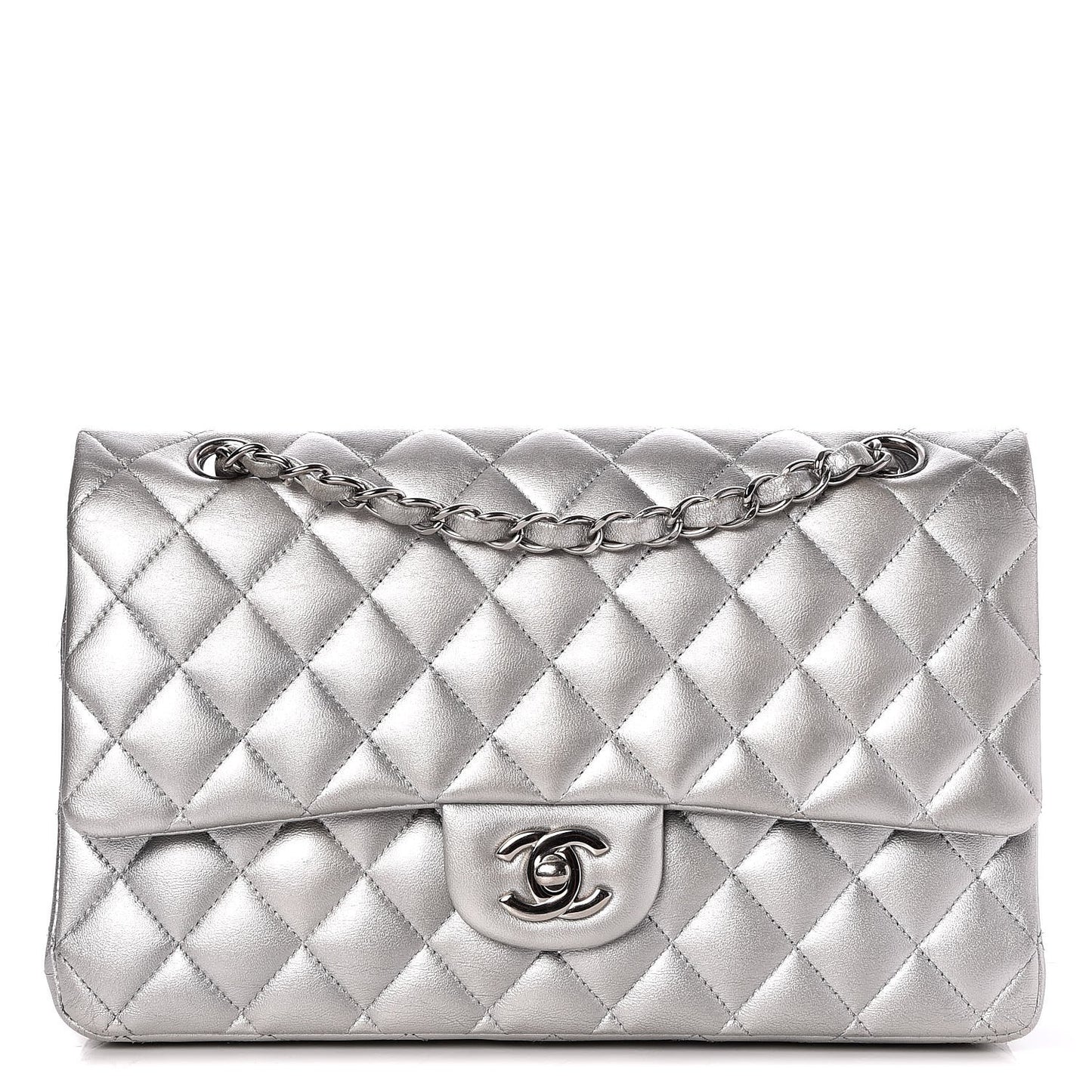 Metallic Lambskin Quilted Medium Double Flap Silver