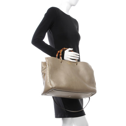 Gucci Metallic Pebbled Calfskin Large Bamboo Shopper Tote Golden Beige 2 of 11