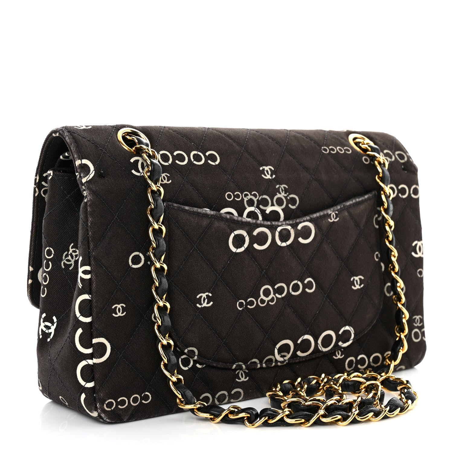 Chanel Canvas Coco Printed Quilted Medium Double Flap Black White 3 of 12