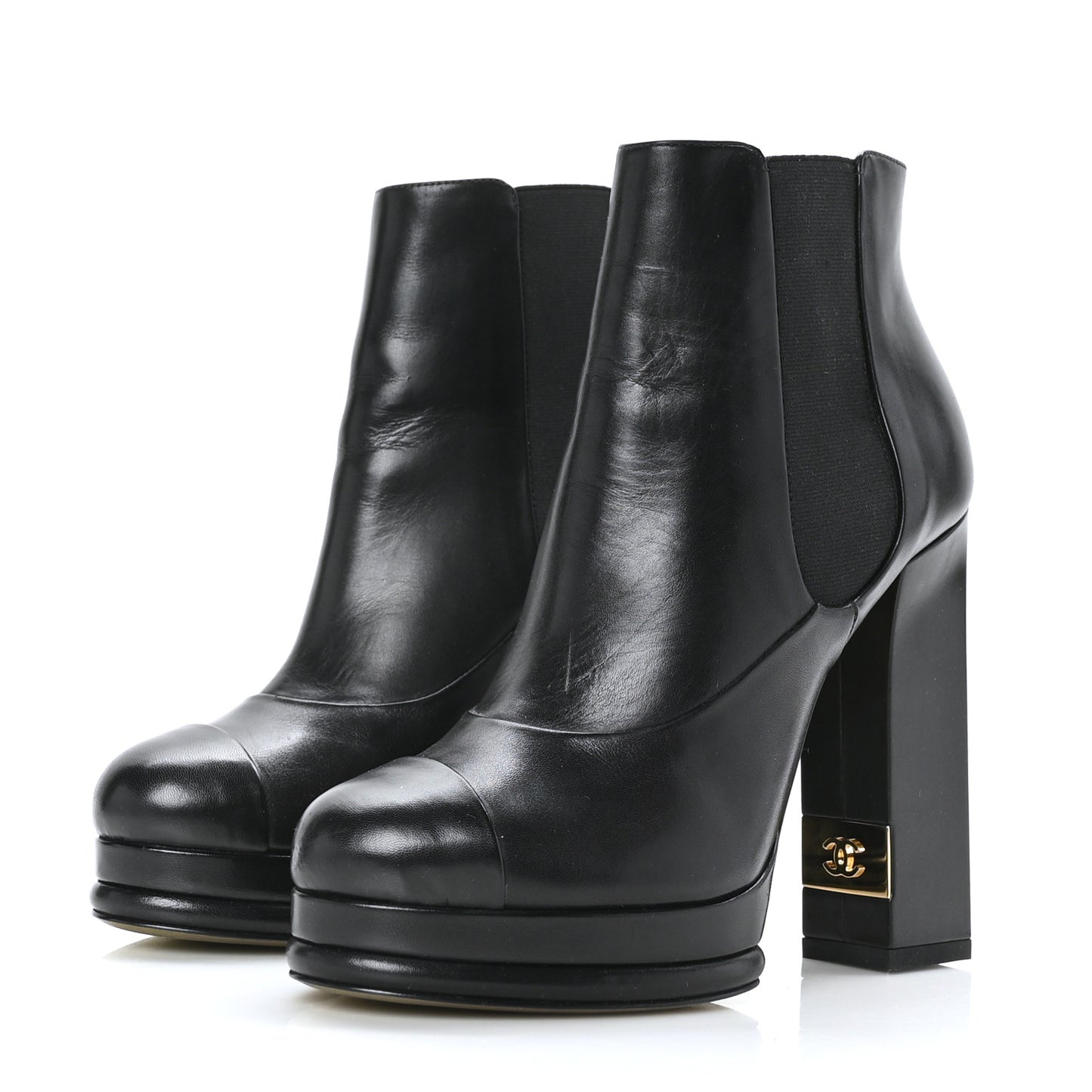Calfskin Elastic Cap Toe Ankle Boots Booties Heels 37 Black