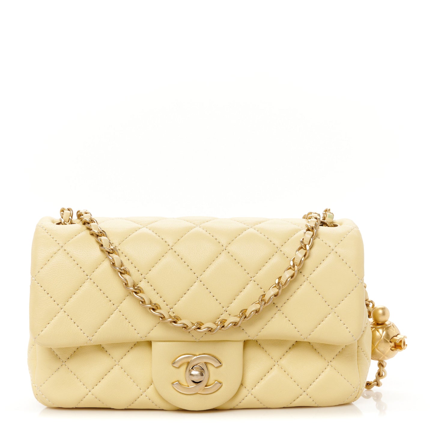 Lambskin Quilted Mini Rectangular Pearl Crush Flap Light Yellow
