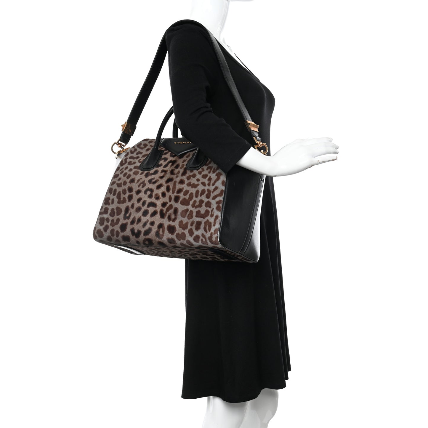 Pony Hair Smooth Calfskin Leopard Print Antigona Black