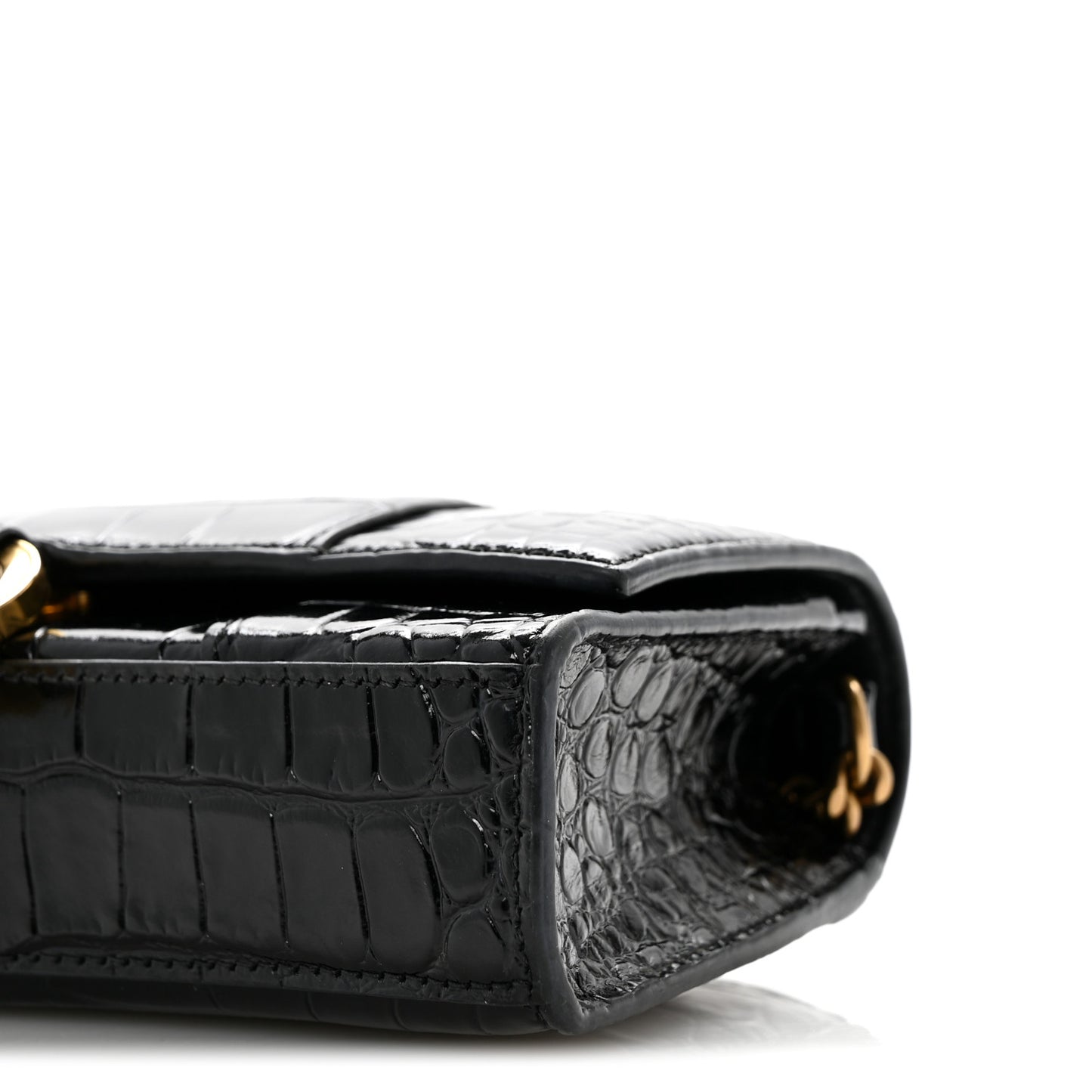 Shiny Calfskin Crocodile Embossed Hourglass Chain Bag Black