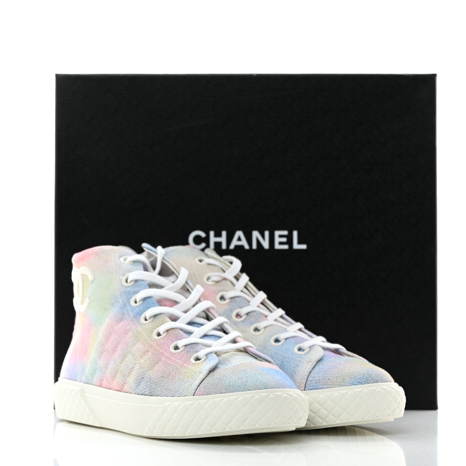 Chanel Printed Fabric Quilted High Top Sneakers 38 Green Pink Blue 9 of 9