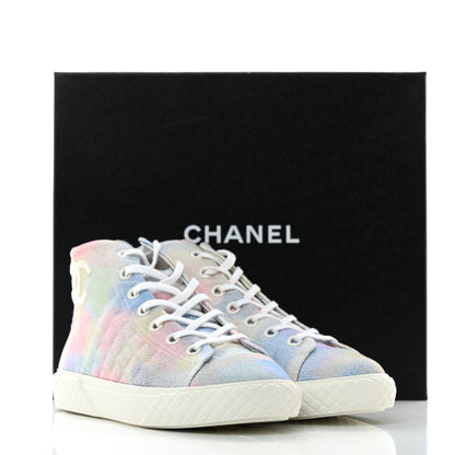 Chanel Printed Fabric Quilted High Top Sneakers 38 Green Pink Blue 9 of 9