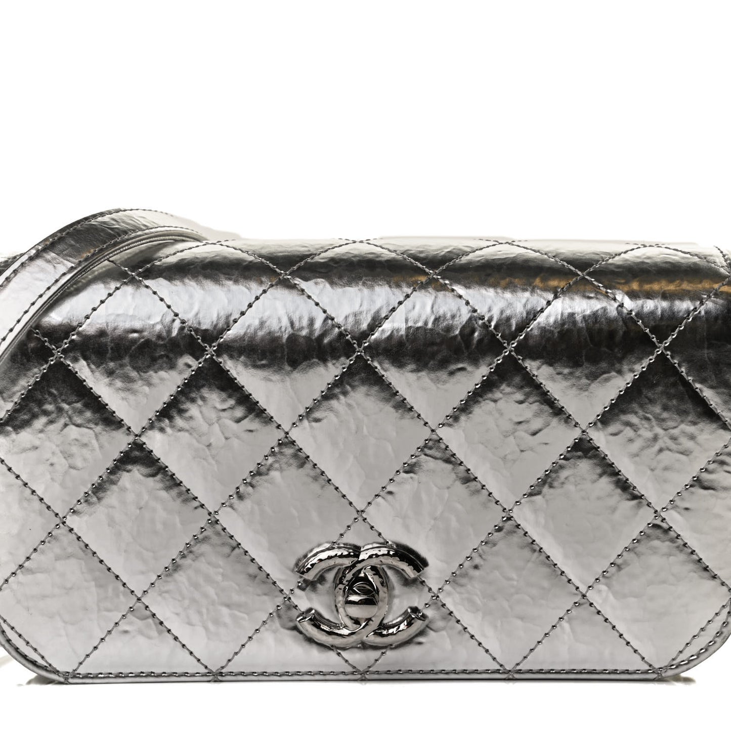 Hammered Metallic Calfskin Quilted Flap Silver