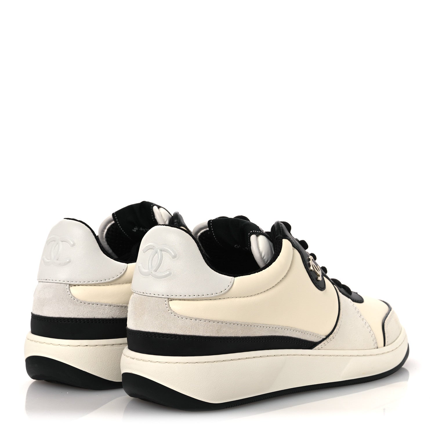 Chanel Lambskin Suede Calfskin Sneakers 40 Ivory White Black