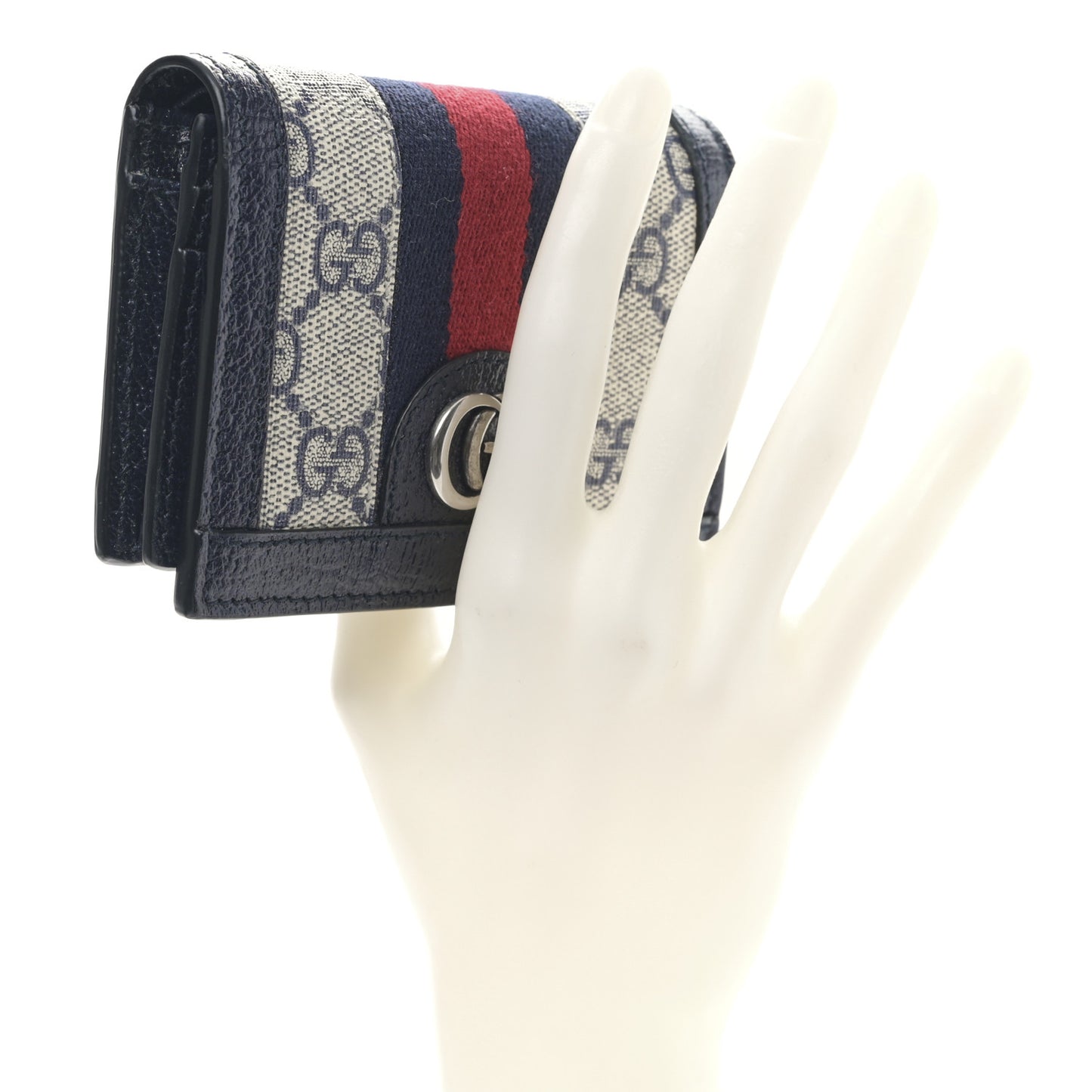 GG Supreme Monogram Textured Dollar Calfskin Web Ophidia Card Case Beige Blue