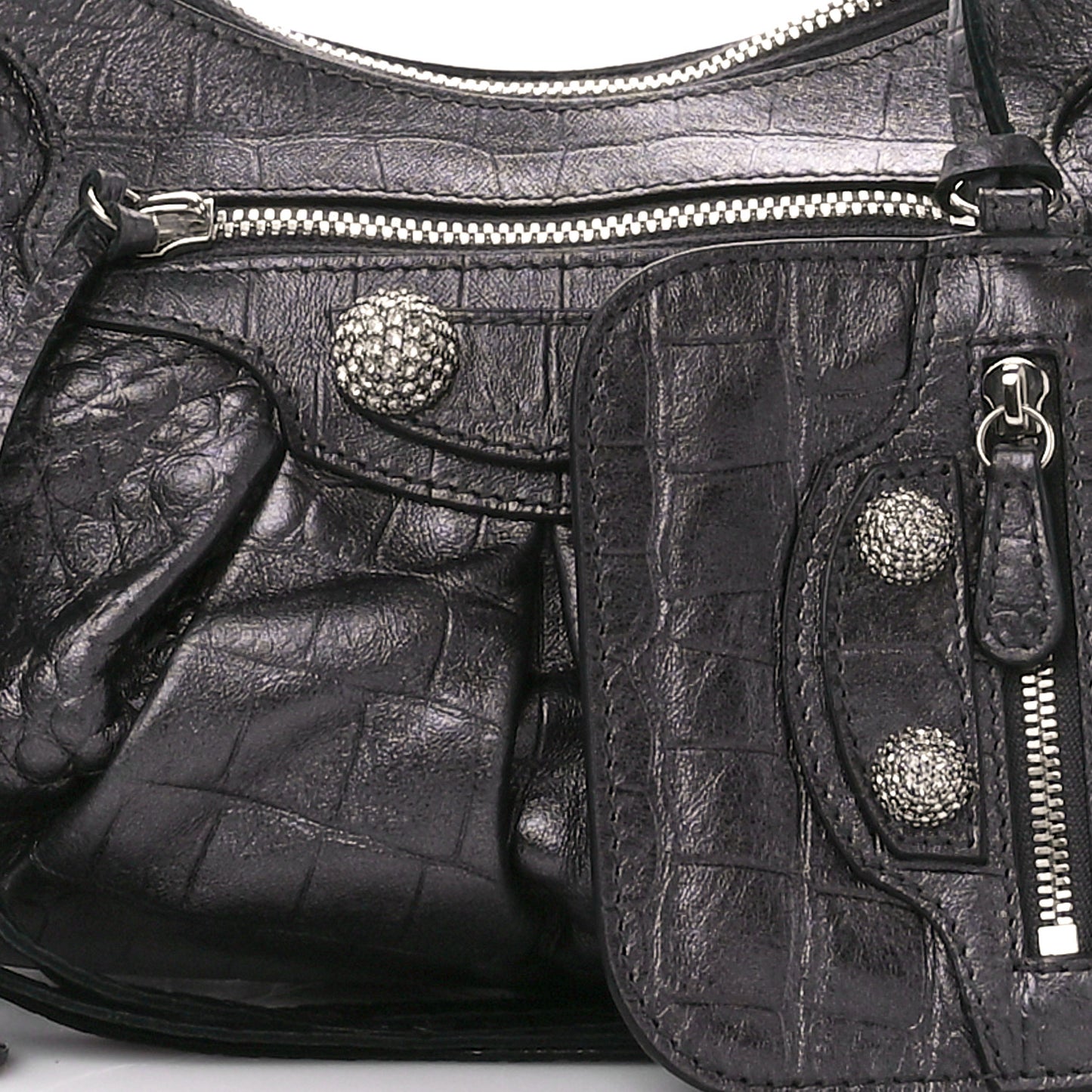 Metallic Calfskin Crocodile Embossed Crystal Small Le Cagole Shoulder Bag Gunmetal