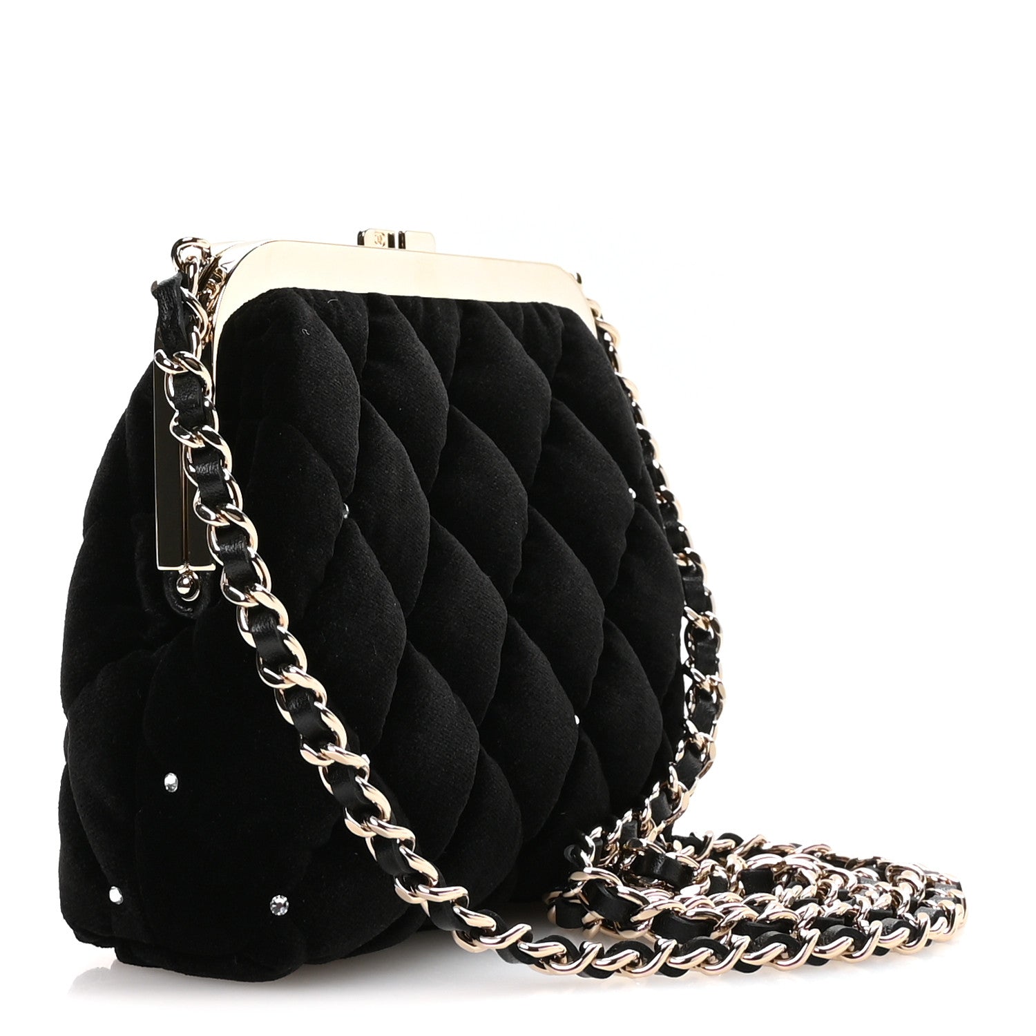 Chanel Velvet Diamante Quilted Kiss Lock Clutch Black 1909733