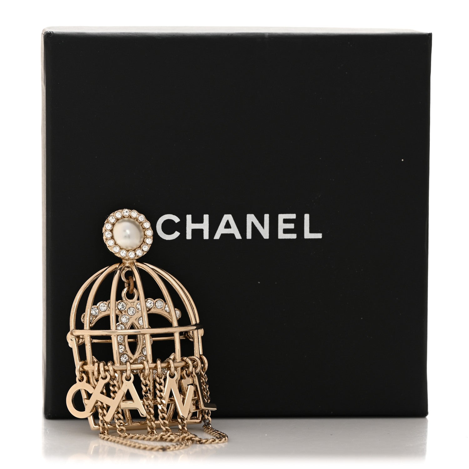 Chanel Pearl Crystal Birdcage Pin Brooch Light Gold 4 of 4