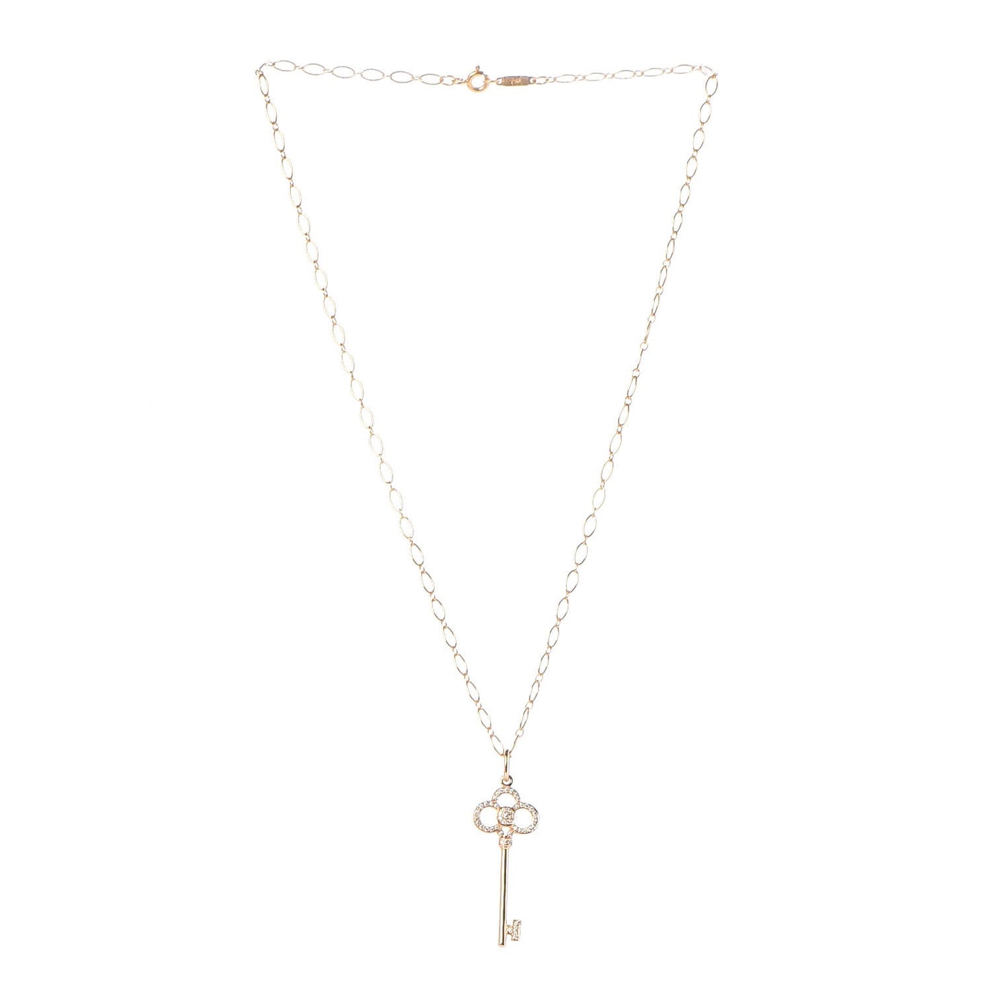 18K Yellow Gold Diamond Crown Key Pendant Link Chain Necklace