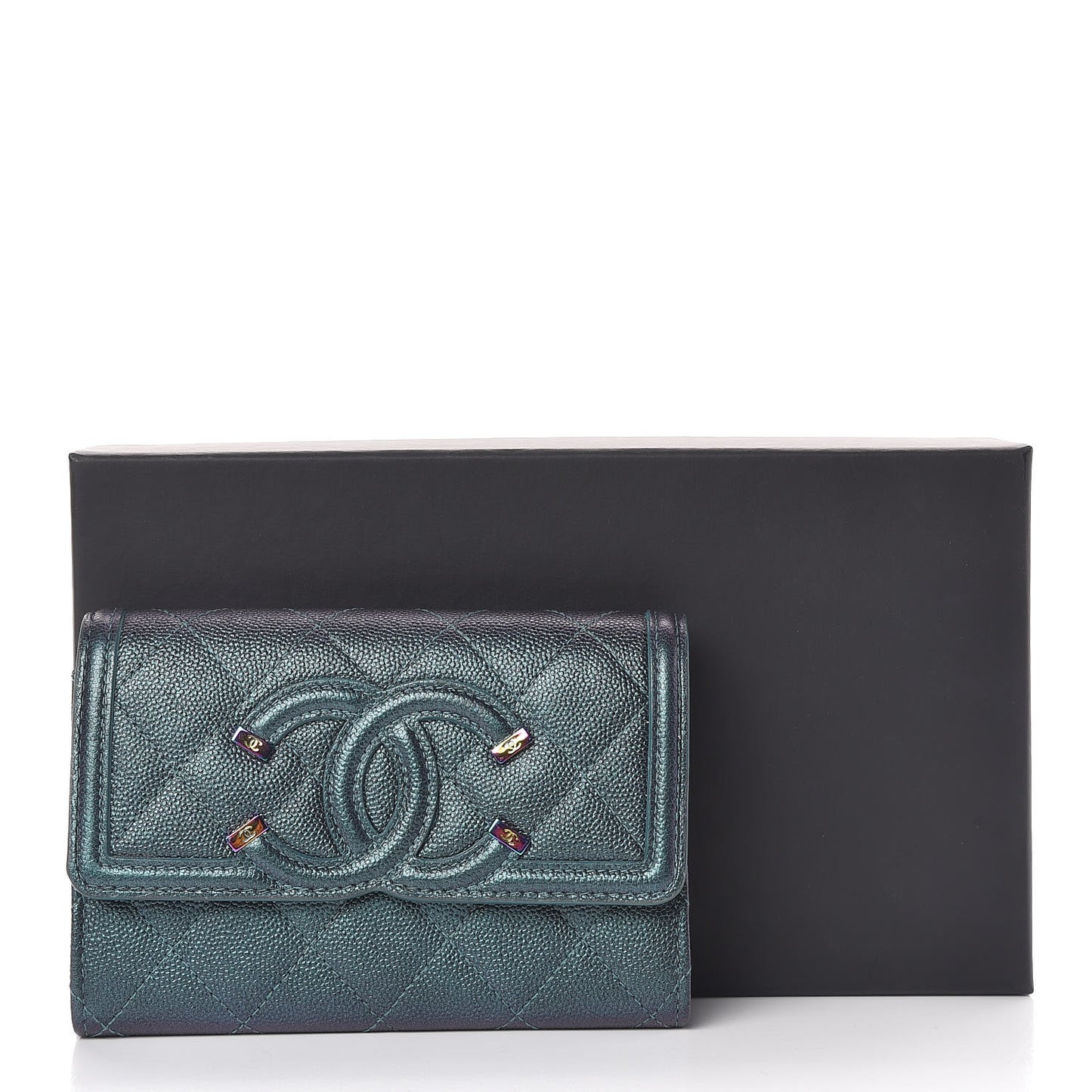 Iridescent Caviar Quilted Medium Filigree Flap Wallet Dark Turquoise