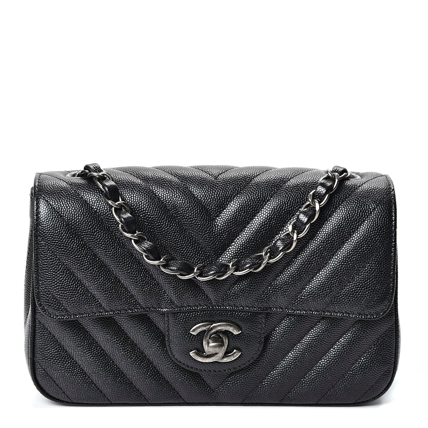Iridescent Caviar Chevron Quilted Mini Rectangular Flap Black