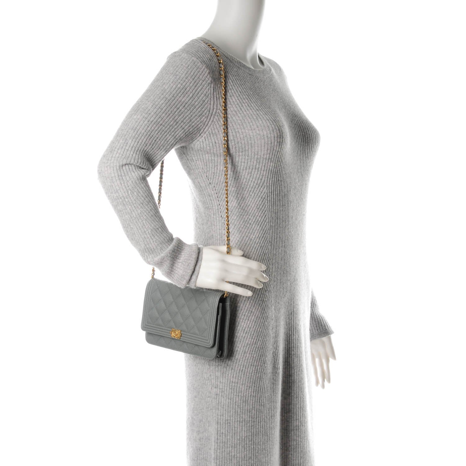 Chanel Caviar Quilted Boy Wallet On Chain WOC Grey 2 of 8