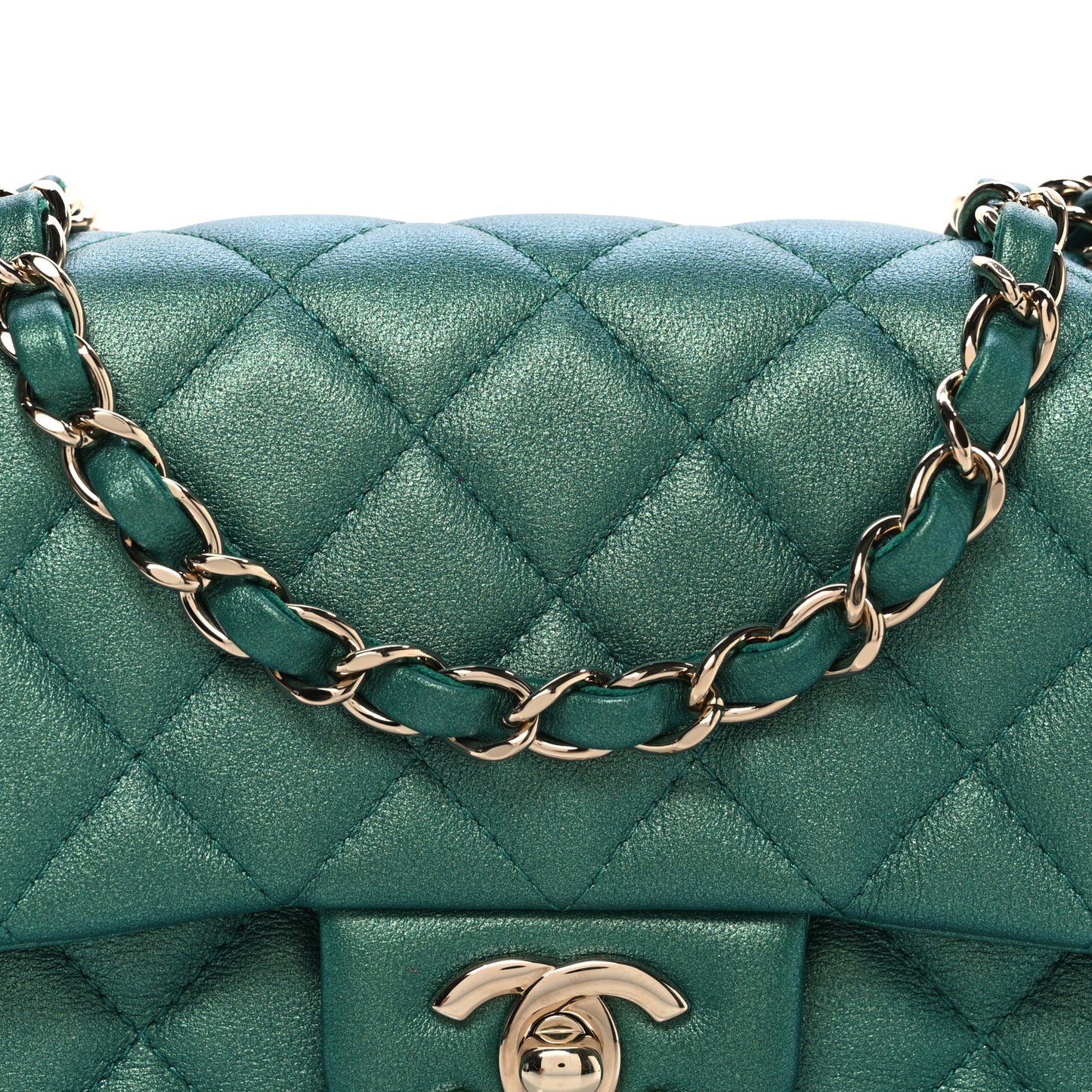 Iridescent Lambskin Quilted Mini Rectangular Flap Green