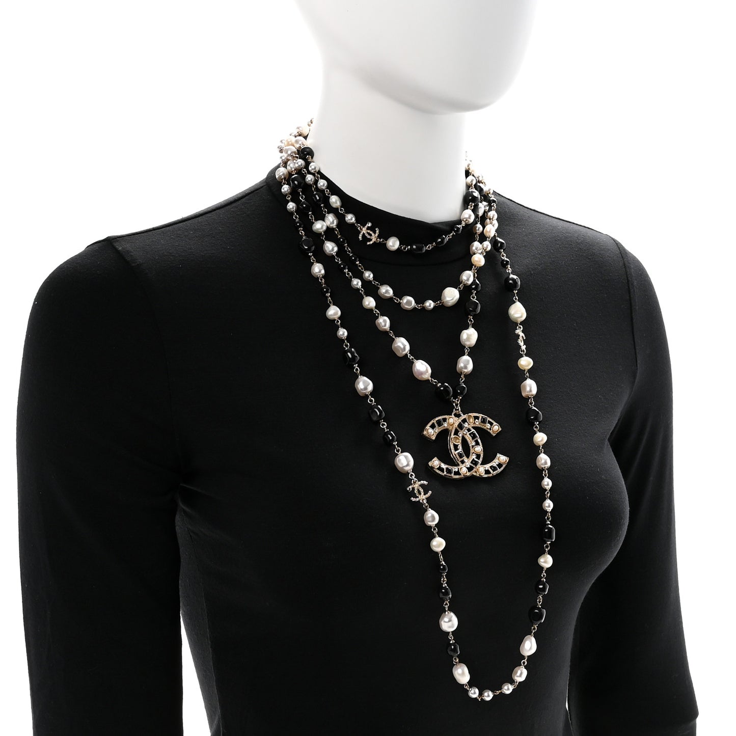 Pearl Bead Crystal CC Byzantine Necklace Black Gold