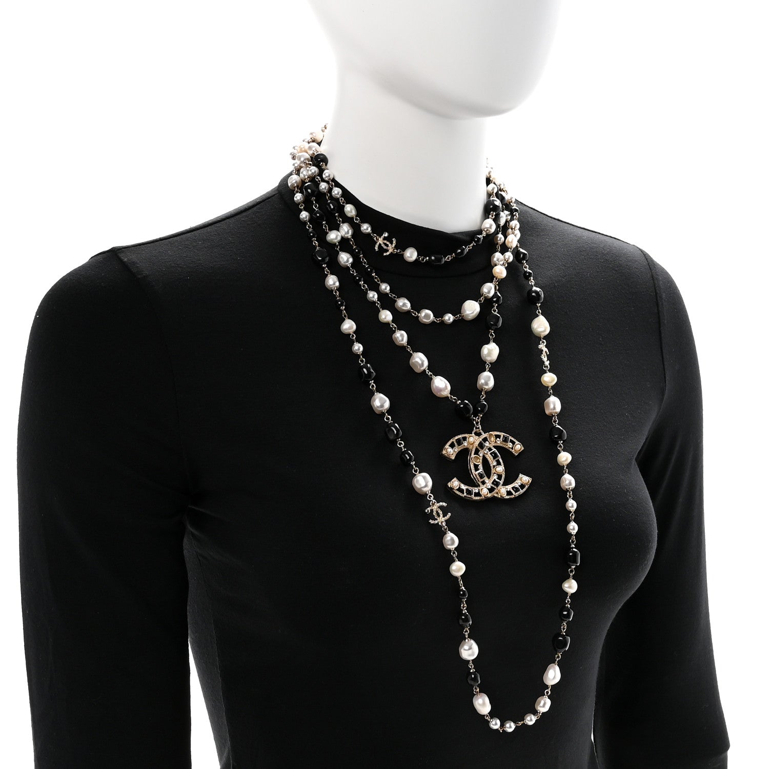 Chanel Pearl Bead Crystal CC Byzantine Necklace Black Gold 2 of 6