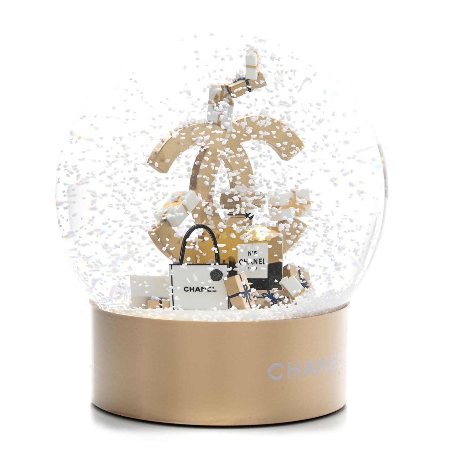 Glass CC Shopping Bag Snow Globe Gold
