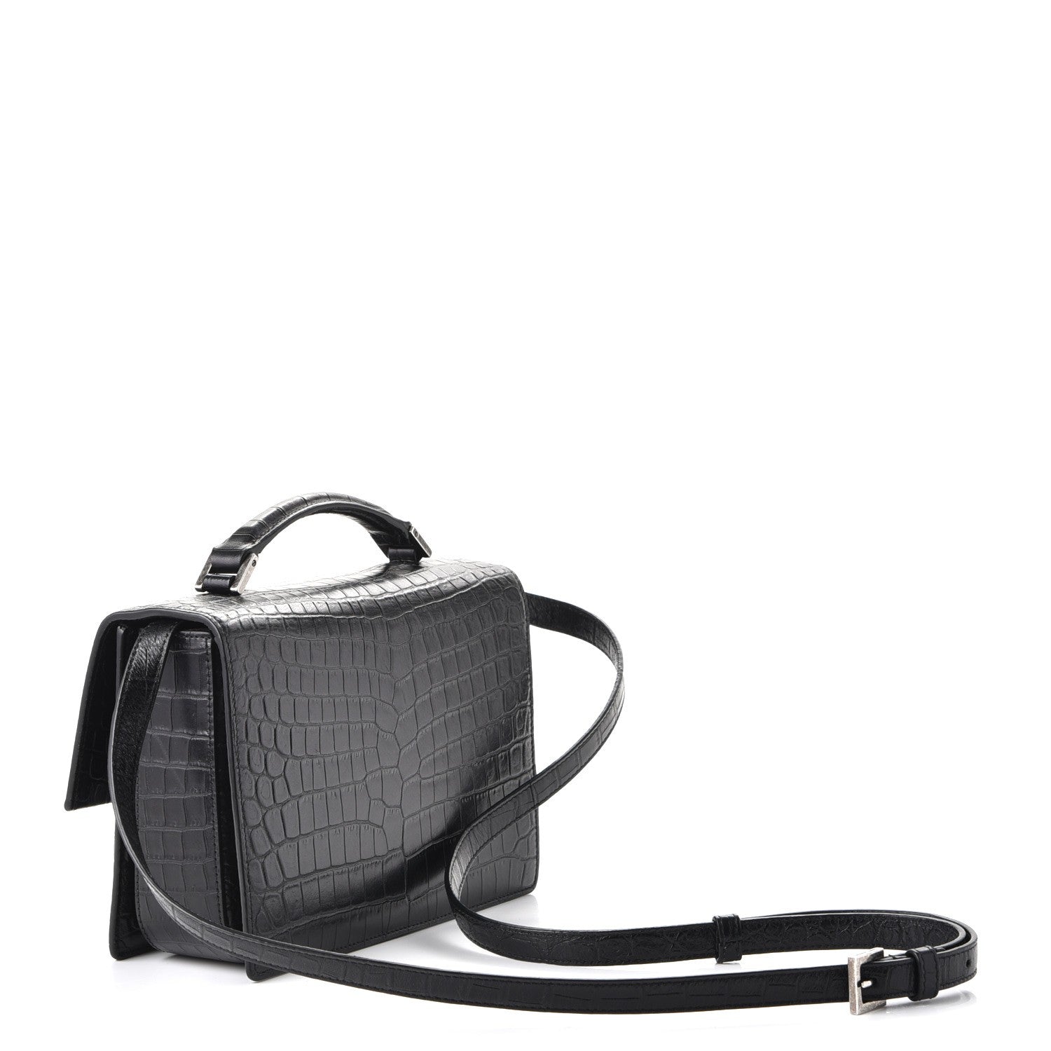Saint Laurent Calfskin Crocodile Embossed Medium Bellechasse Satchel Matte Black 3 of 9
