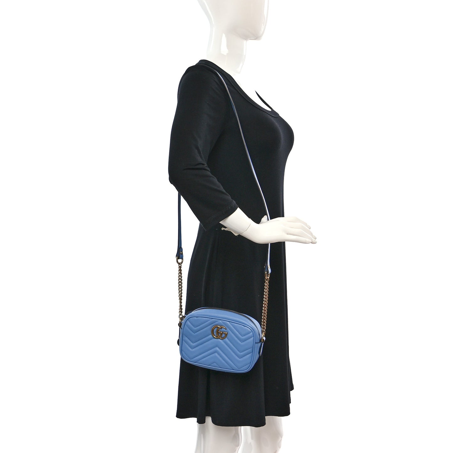 Calfskin Matelasse Mini GG Marmont Chain Shoulder Bag Clear Sky Blue