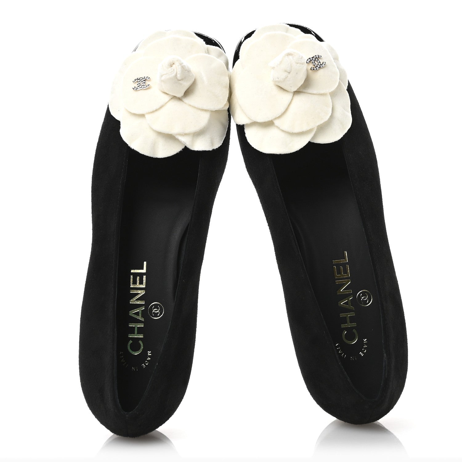 Chanel Suede Patent Cap Toe Camellia Ballerina Flats 37 Black White 2 of 8