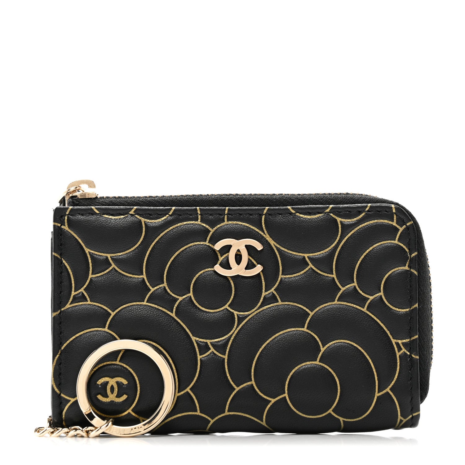 Chanel Lambskin Camellia Embossed Key Holder Case Black Gold 1 of 7