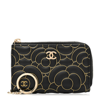 Chanel Lambskin Camellia Embossed Key Holder Case Black Gold 1 of 7