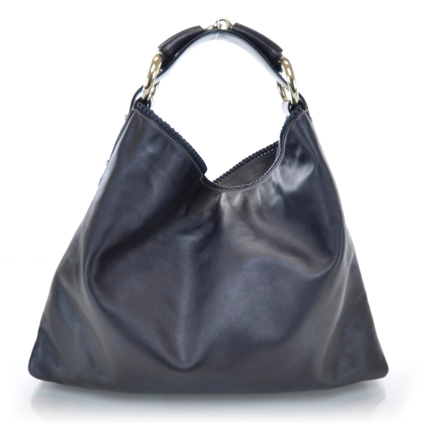 Leather Large Horsebit Chain Hobo Black