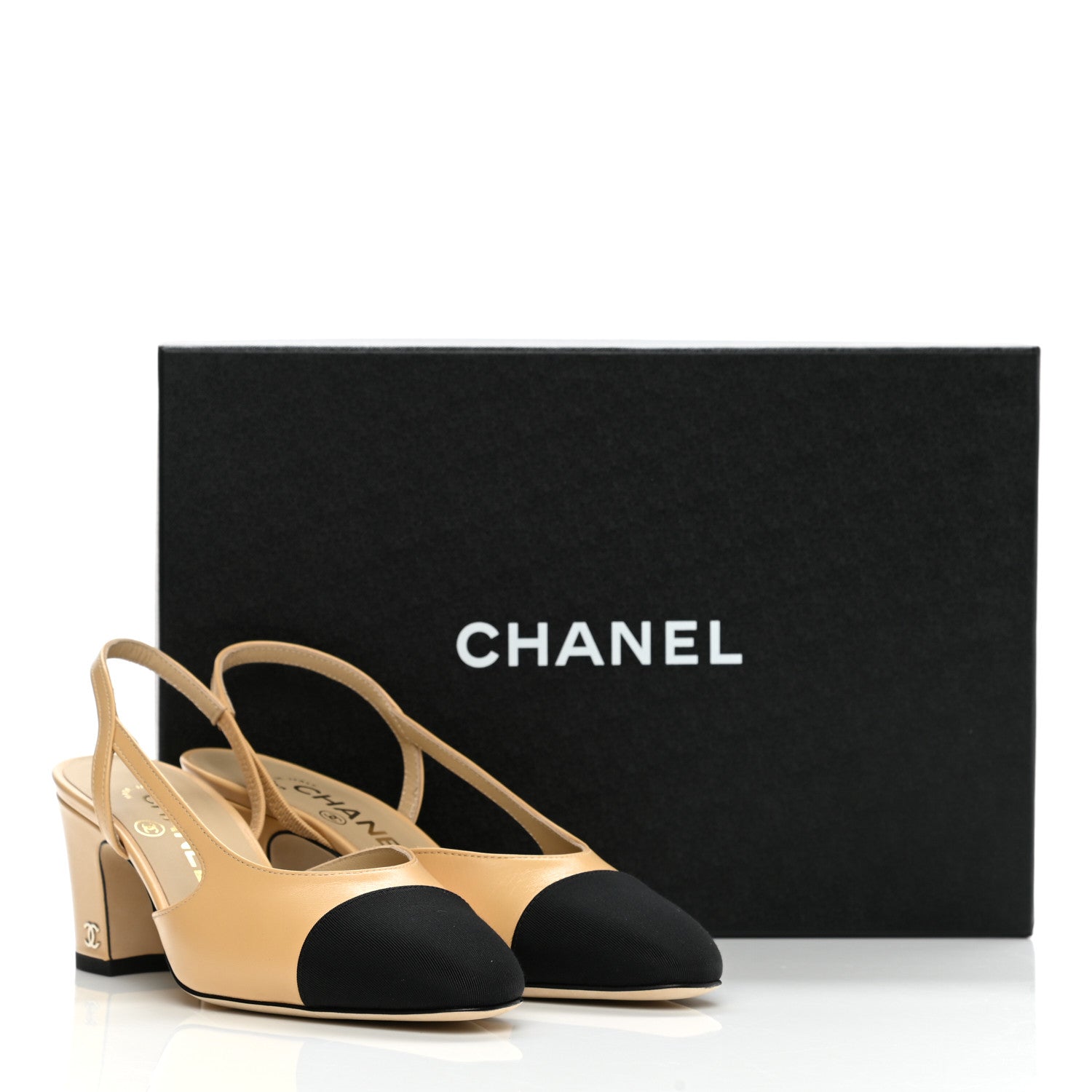 Chanel Goatskin Grosgrain Cap Toe CC Slingback Pumps 35 Beige Black 9 of 9