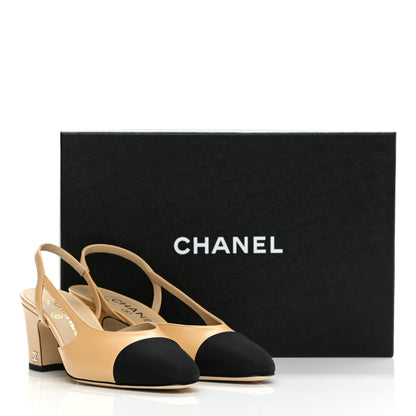 Chanel Goatskin Grosgrain Cap Toe CC Slingback Pumps 35 Beige Black 9 of 9