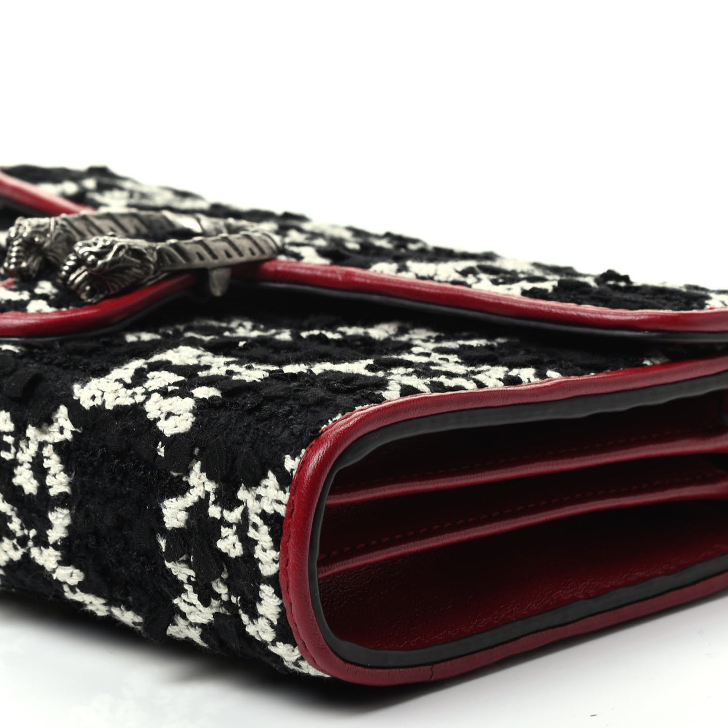 Tweed GG Monogram Mini Dionysus Chain Wallet Black White Romantic Cherry