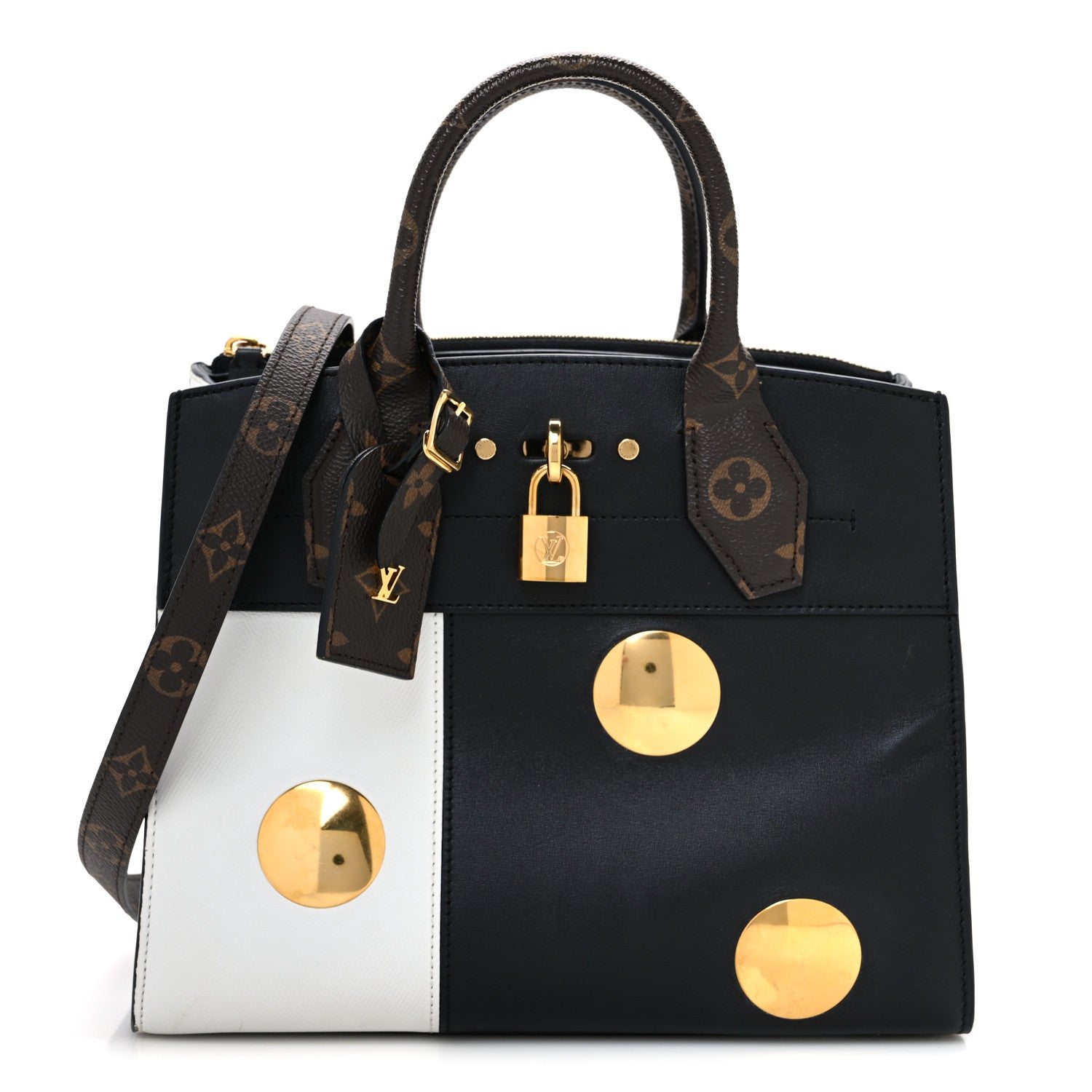Louis Vuitton Calfskin Monogram Studded City Steamer PM Black White 1 of 9